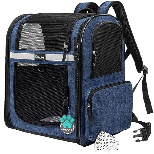 PetAmi Dog Backpack Carrier for Cats and Small Dogs, 4-Way Entry Ventilated Pet Carrier for Hiking Travel, Foldable Top with Sherpa Bed, Reflective and Poop Bag Dispenser, Up to 18 lbs, Navy Blue - color: Navy Blue