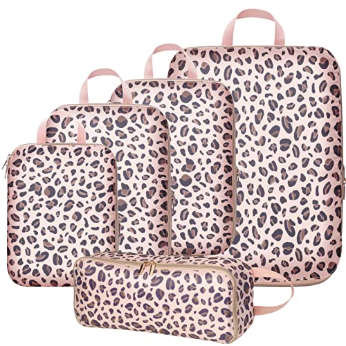 Cambond Compression Packing Cubes for Travel - Lightweight Expandable Travel Bags Luggage Organizers Travel Essentials Compression Cubes for Travel Space Saver for Carry on Suitcases Organizer - color: 06 Leopard Print Rose Gold, size: 5-Piece Set (Standa