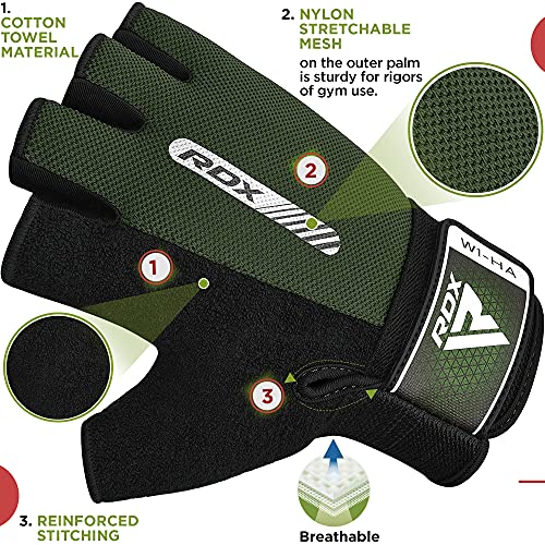 RDX Weight Lifting Gloves Gym Fitness Workout, Anti Slip Padded Full Palm Protection, Ultra Ventilated, Bodybuilding Strength Training HIIT WOD Exercise, Half Finger Men Women Cycling Rowing Climbing - color: Army Green, size: X-Large