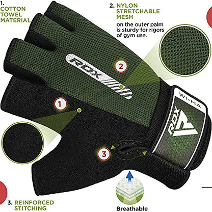 RDX Weight Lifting Gloves Gym Fitness Workout, Anti Slip Padded Full Palm Protection, Ultra Ventilated, Bodybuilding Strength Training HIIT WOD Exercise, Half Finger Men Women Cycling Rowing Climbing - color: Army Green, size: Medium