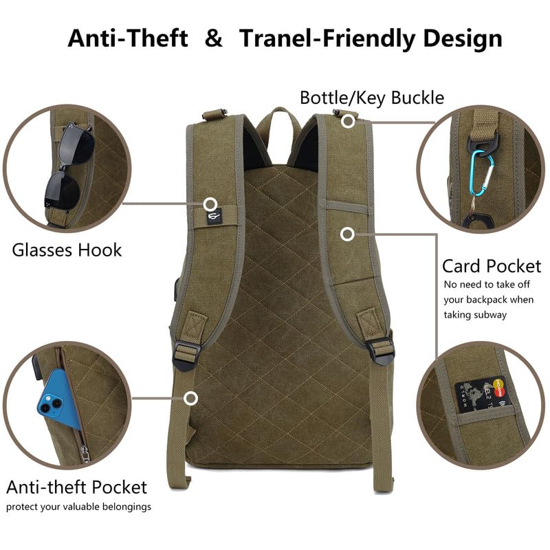 Canvas Laptop Backpack, Waterproof School Backpack With USB Charging College - color: Green