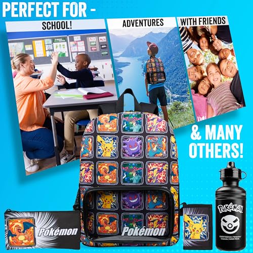 Pokemon Backpack Set 4 Pcs for Kids with Backpack Water Bottle Pencil Case Lunch Bag or Wallet Anime School Supplies Gifts (Multi 4 Pcs Set) - color: Multicolour