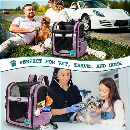 PetAmi Dog Backpack Carrier for Cats and Small Dogs, 4-Way Entry Ventilated Mesh Pet Carrier for Hiking Travel, Foldable Top with Sherpa Bed, Reflective and Poop Bag Dispenser, Up to 18 lbs, Purple - color: Purple