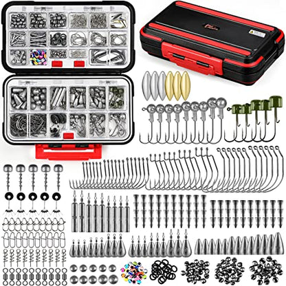 PLUSINNO 253/387pcs Fishing Gear Accessories Kit, Fishing Tackle Box with Tackle Included, Fishing Hooks, Fishing Weights Sinkers, Spinner Blade, Fishing Equipment for Bass Trout Bluegill Crappie - color: 387pcs Fishing Accessories Kit
