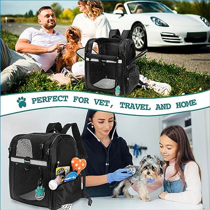 PetAmi Dog Backpack Carrier for Cats and Small Dogs, 4-Way Entry Ventilated Mesh Pet Carrier for Hiking Travel, Foldable Top with Sherpa Bed, Reflective and Poop Bag Dispenser, Up to 18 lbs, Black - color: Black
