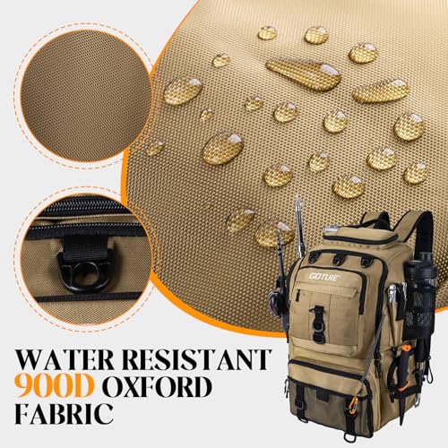 Goture 40L Fishing Tackle Backpack Khaki, Water-Resistant Fishing Bag with Cooler Compartment & Rain Cover for Saltwater - color: Khaki, size: A - Trays not included