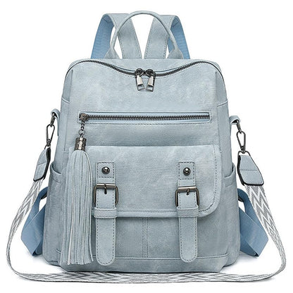 Fashion PU Leather Backpack Purse for Women Travel Backpack Bag with Tassel Ladies Shoulder Handbags Casual Daypack - color: Light Blue