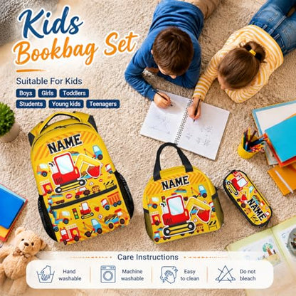 3PCS Personalized School Backpack for Boys Kids Toddlers Excavator Lovers; 17 Inch Kindergarten Construction School Bag with Lunch Box for Primary Students - color: Yellow