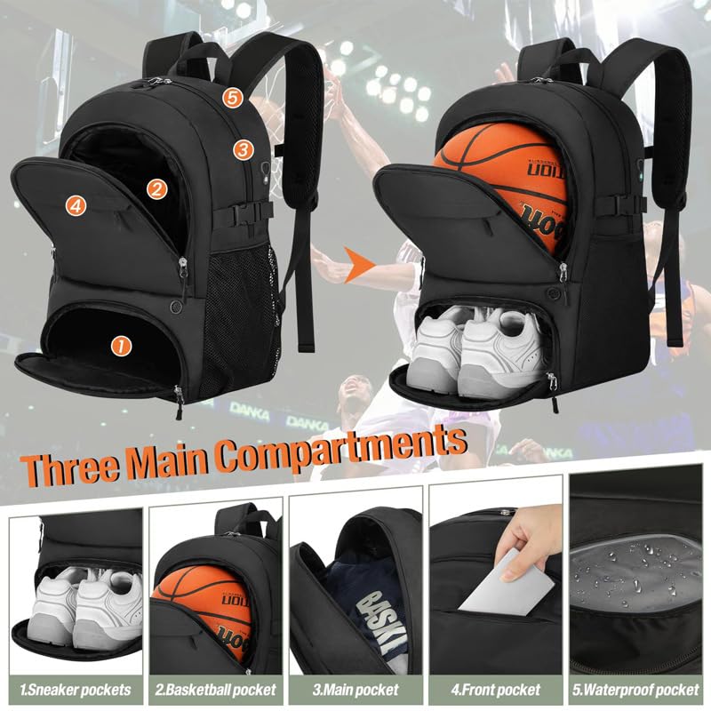 Sports Backpack with Ball Compartment and Shoe Pocket Waterproof Basketball Soccer Volleyball Bag for School Travel