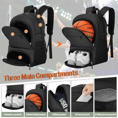 Sports Backpack with Ball Compartment and Shoe Pocket Waterproof Basketball Soccer Volleyball Bag for School Travel