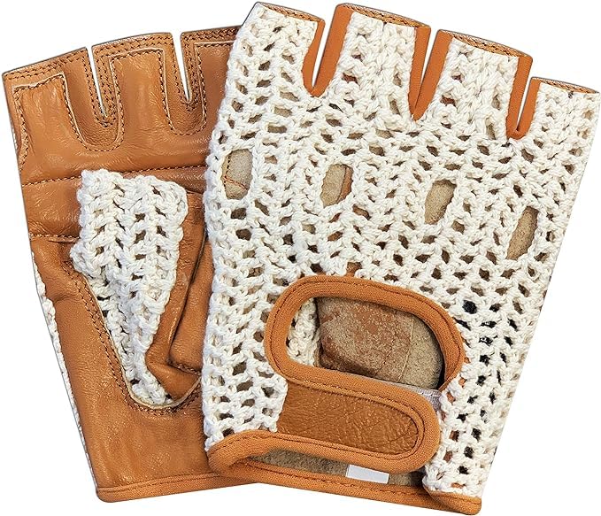 Real Soft Leather Crochet Net Fingerless Driving Weight Training Cycling Wheelchair Gloves W-1037 - color: Tan/White, size: X-Small