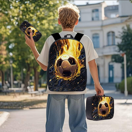 3-Pieces Backpack Set, Themed Backpack for Soccer – Multifunctional Large Capacity Daypack with Lunch Bag & Case for Daily Life - style: Soccer