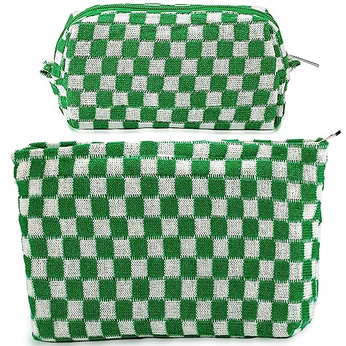 ZLFSRQ 2Pcs Checkered Makeup Bag for Women Large Small Travel Toiletry Bag Organizer Aesthetic Zipper Cosmetic Bags Cute Makeup Pouch for Purse Pencil Case Pencil Pouch Skincare Storage Bags (Green) - color: B-Checkered 2Pcs Mix Green