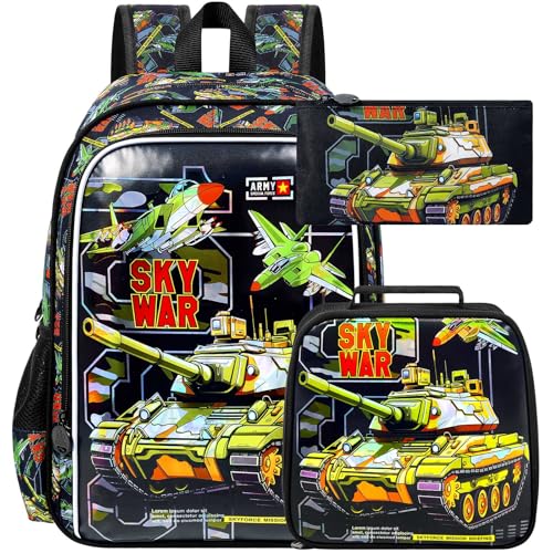HPJGD 3PCS Tank Backpack for Kids, Water Resistant Boys Bookbag Set with Lunch Box, Cool School Bag for Elementary Preschool Toddler - Green Tank - color: Cool Uv Printed Mighty Tank Green