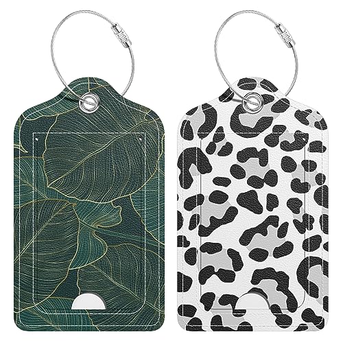 2 Pack PU Leather Luggage Tags for Suitcase, Travel Cruise Luggage Tag with Privacy Flap, Name ID Label and Metal Loop for Women Men Baggage Handbag School Bag Backpack, Leopard Leaves - color: Leopard Leaves, size: 2 Pack