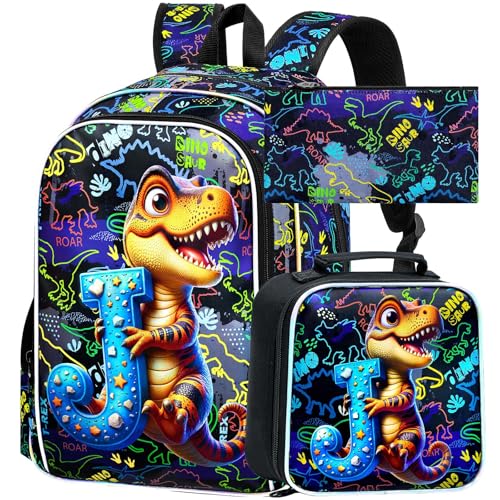 3Pcs Dinosaur Backpack, 16" Boys Bookbag with Lunch Box, Kids School Backpacks Set for Elementary Preschool Kindergarten (Balck) - color: Dinosaur Black 01