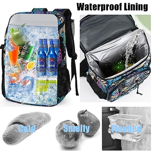 HXLGMD Backpack Coolers Insulated Leak Proof 30 Cans, Soft Sided Insulated Cooler Bags Ice Chest Backpack for Beach Travel Camping, with Reusable Ice Packs - color: Tropical Leaves