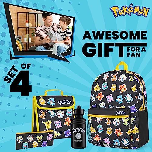 Pokemon Backpack Set 4 Pcs for Kids with Backpack Water Bottle Pencil Case Lunch Bag or Wallet Anime School Supplies Gifts (Black/Multi) - color: Black/Multi