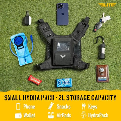 Elite Hydra Running Chest Pack w/ Gun Holster, Phone Holder Touch Friendly, Camera Pocket for Men/Women Lightweight Hydration Vest Chest Rig w/ Water Bladder for Marathon, Cycling, ADV Camping, Skiing - size: Small