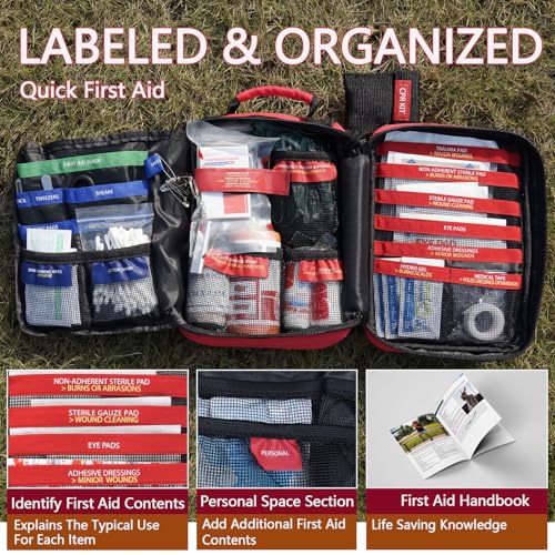 First Aid Trauma Kit,Comprehensive First Aid Kit with Labelled Compartments, Molle System Emergency Kits for Cars, Home, Office, Backpacking, Camping, Traveling, and Cycling-265 Piece - size: Large