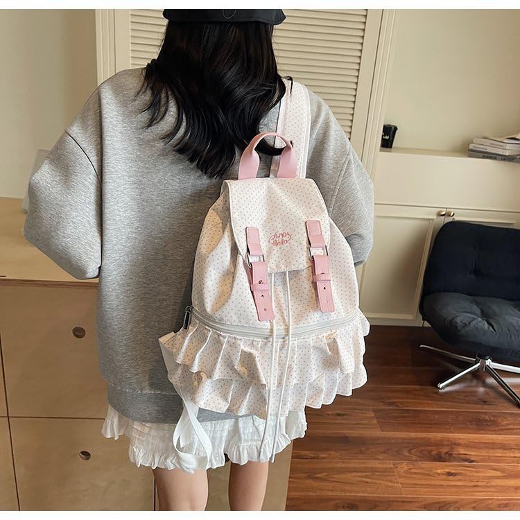 Cute Polka Dot Lace Backpack for Women Flap-top Casual Backpack Cute Nylon Bookbag - color: White