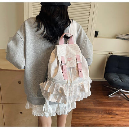 Cute Polka Dot Lace Backpack for Women Flap-top Casual Backpack Cute Nylon Bookbag - color: White