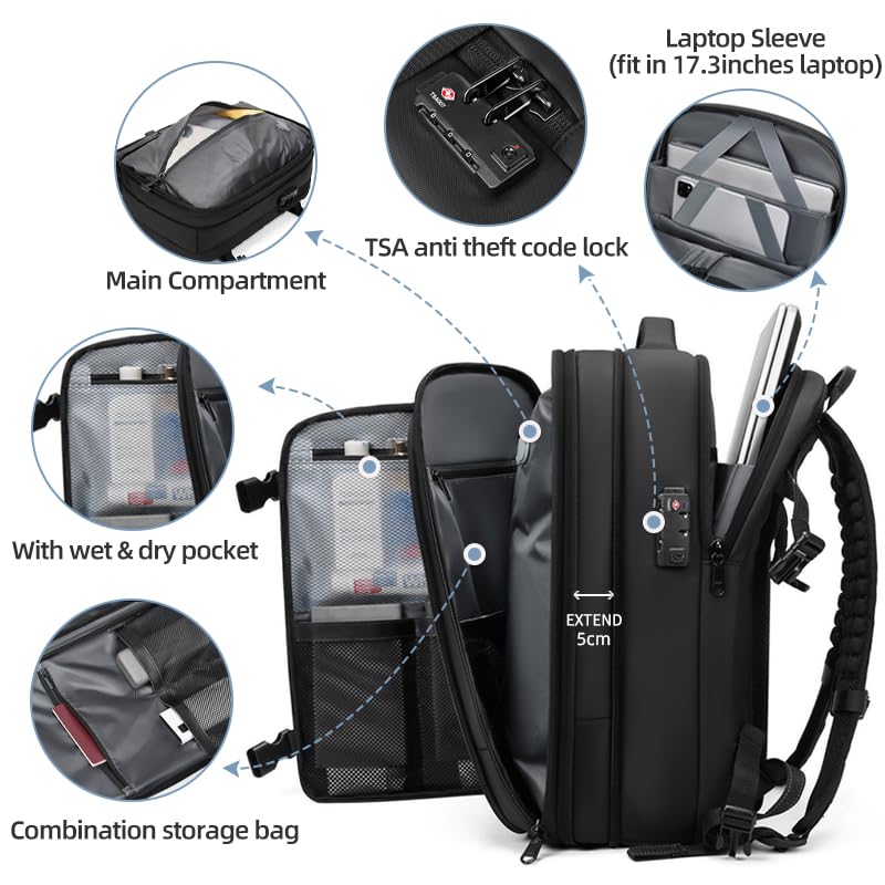 Men Travel Backpack vacuum compression Laptop Backpack Large Capacity Backpack 17 inch Extended Hiking Business backpack (black) - color: Black