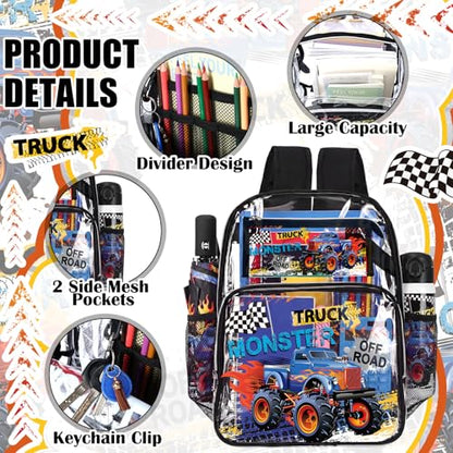 Kacctyen 3 Pcs Clear Backpack for Heavy Duty Clear Stadium Bag Transparent Backpack with Lunch Bag(Black,Monster Truck) - color: Black