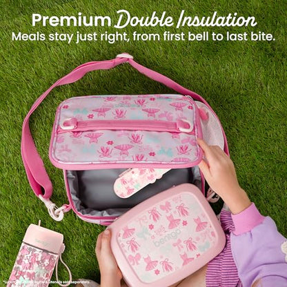 Bentgo Kids Prints Lunch Bag - Double-Insulated, Reusable, for Kids 3+, Adjustable Strap; Holds Lunch Box/Water Bottle/Snacks; Easy-Clean, Water-Resistant, Pockets (NEW Ballet & Bows) - color: Ballet & Bows