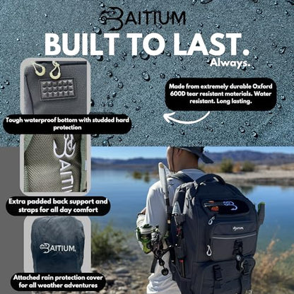 Baitium Fishing Backpack, Tackle Bag With Rod Holders, 40L Capacity With Cooler, Rain Cover, Insulated Pocket, 4 Tackle Trays Included- (Green) - color: Green