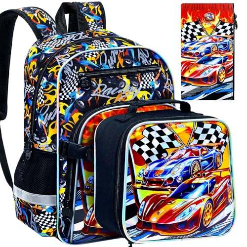 HPJGD 3PCS Bookbag for Boys, 16" Race Car Preschool Backpack Set with Clip-On Lunch Box, Kids Water-Resistant School Bag for Elementary - Thrill Racing - color: Uv Printing Race Car Clip-on Backpack