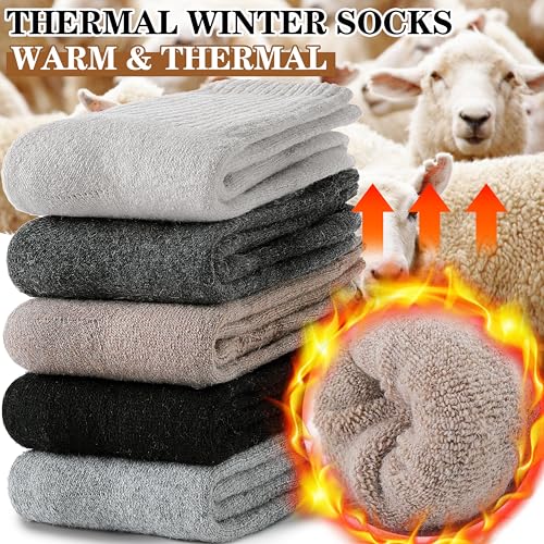 MOGGEI 5 Pairs Womens Merino Wool Socks Hiking Warm Winter Thick Thermal Crew Cozy Cabin Ladies Gift Comfy Boot Work Socks - color: Khaki/Black/Grey/White