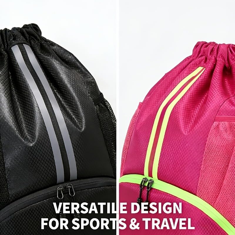 Drawstring Backpack with Separate Shoes Compartment, Water Resistant Cinch Sack Bag for Soccer Basketball Swimming Beach Sports for Men Women - color: Rose Red