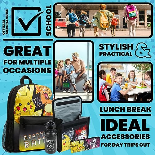 Pokemon Backpack Set 4 Pcs for Kids with Backpack Water Bottle Pencil Case and Insulated Lunch Bag or Wallet Anime School Supplies Gifts for Kids (Black/Yellow 4 Pcs Set) - color: Black/Yellow