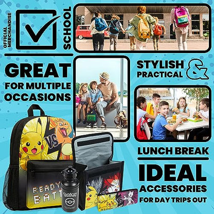 Pokemon Backpack Set 4 Pcs for Kids with Backpack Water Bottle Pencil Case and Insulated Lunch Bag or Wallet Anime School Supplies Gifts for Kids (Black/Yellow 4 Pcs Set) - color: Black/Yellow