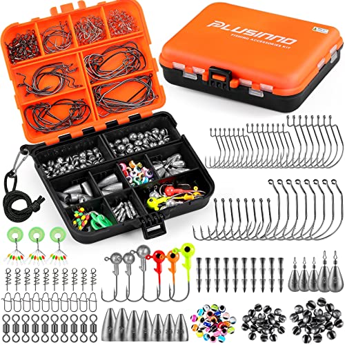 PLUSINNO 253/387pcs Fishing Gear Accessories Kit, Fishing Tackle Box with Tackle Included, Fishing Hooks, Fishing Weights Sinkers, Spinner Blade, Fishing Equipment for Bass Trout Bluegill Crappie - color: 201pcs Fishing Accessories Kit