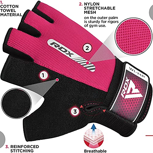 RDX Weight Lifting Gloves Gym Fitness Workout, Anti Slip Padded Full Palm Protection, Ultra Ventilated, Bodybuilding Strength Training HIIT WOD Exercise, Half Finger Men Women Cycling Rowing Climbing - color: Pink, size: Small