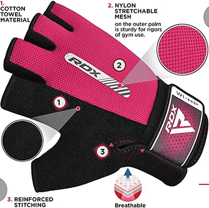RDX Weight Lifting Gloves Gym Fitness Workout, Anti Slip Padded Full Palm Protection, Ultra Ventilated, Bodybuilding Strength Training HIIT WOD Exercise, Half Finger Men Women Cycling Rowing Climbing - color: Pink, size: Large
