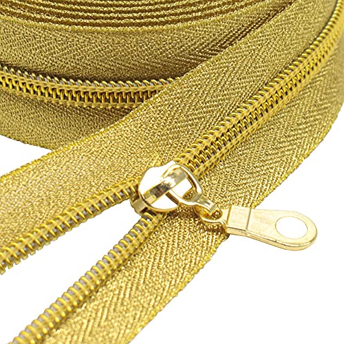 MebuZip #5 Gold Metallic Nylon Coil Zippers by The Yard Bulk Coil Zipper Roll 10 Yards with 25pcs Pulls for DIY Sewing Craft Bags (GoldTape) - color: GoldTape