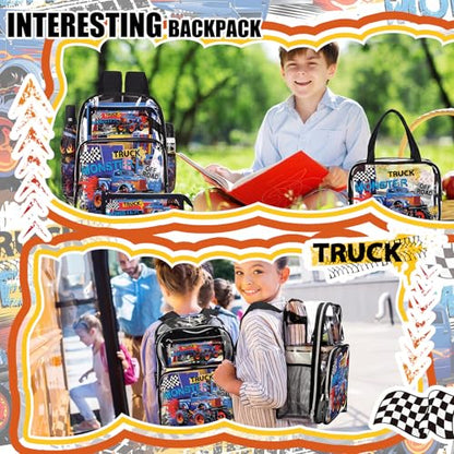 Kacctyen 3 Pcs Clear Backpack for Heavy Duty Clear Stadium Bag Transparent Backpack with Lunch Bag(Black,Monster Truck) - color: Black