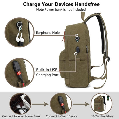 Canvas Laptop Backpack, Waterproof School Backpack With USB Charging College - color: Green
