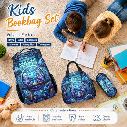 Personalized Backpack Set for Boys Gaming School Bag for Kids Teens Gamer - 17 Inch Large Capacity Custom Name Bookbag with Lunch Box for Elementary Middle School - color: Blue