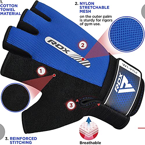 RDX Weight Lifting Gloves Gym Fitness Workout, Anti Slip Padded Full Palm Protection, Ultra Ventilated, Bodybuilding Strength Training HIIT WOD Exercise, Half Finger Men Women Cycling Rowing Climbing - color: Blue, size: Small