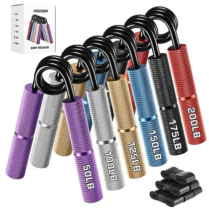 Hozzen Grip Strength Trainer, 6 Pack Grip Strength Trainer Set (50-350LB), No Slip Hand Grip Strengthener, Wrist Forearm Strengthener with Grip Tape for Strength Training, Exercise, Injury Recovery - color: Purple+Silver+Gold+Blue+Black+Red (50-200 LBS)