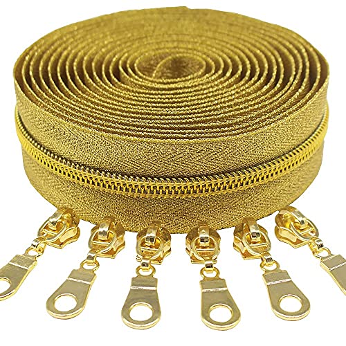 MebuZip #5 Gold Metallic Nylon Coil Zippers by The Yard Bulk Coil Zipper Roll 10 Yards with 25pcs Pulls for DIY Sewing Craft Bags (GoldTape) - color: GoldTape