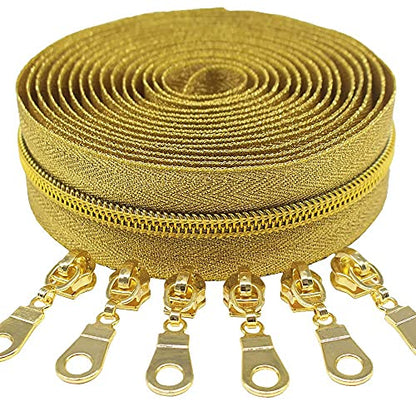 MebuZip #5 Gold Metallic Nylon Coil Zippers by The Yard Bulk Coil Zipper Roll 10 Yards with 25pcs Pulls for DIY Sewing Craft Bags (GoldTape) - color: GoldTape