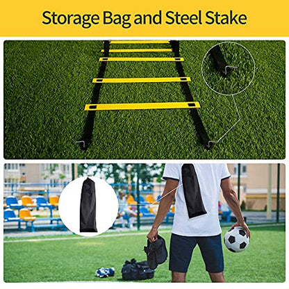 12 Rungs Agility Ladder Set, Training Ladder with Steel Stakes and Carry Bag for Soccer, Speed Fitness Feet Training - color: 2 Pack-Yellow