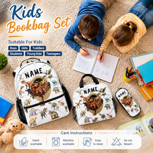 Boys Dinosaur Backpacks Custom Toddler Backpack with Lunch Box Set, 17 Inch Personalized Kids Bookbag for Preschool Kindergarten Elementary Dinosaur-Themed School Bag - color: White