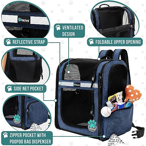 PetAmi Dog Backpack Carrier for Cats and Small Dogs, 4-Way Entry Ventilated Pet Carrier for Hiking Travel, Foldable Top with Sherpa Bed, Reflective and Poop Bag Dispenser, Up to 18 lbs, Navy Blue - color: Navy Blue