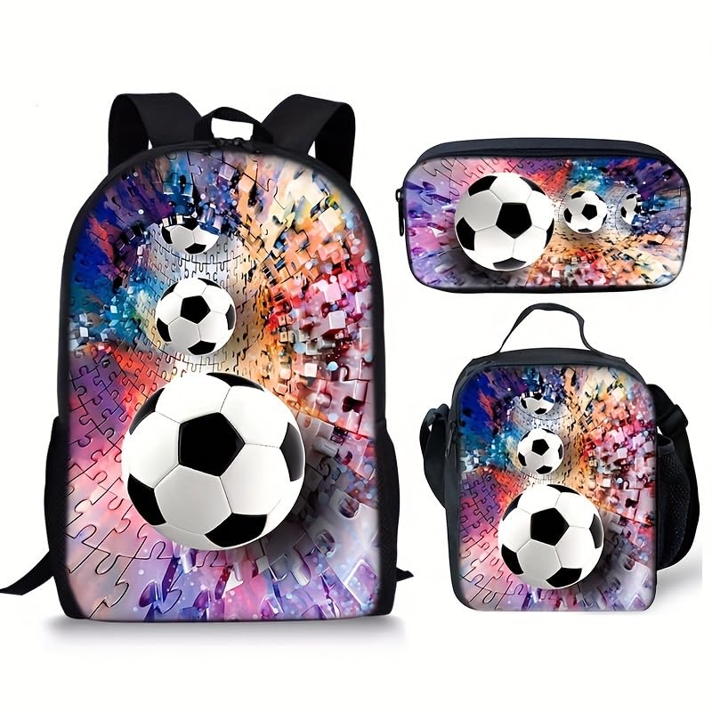 3PCS Soccer Backpack Set, 16" Lightweight Football Daypack, Soccer Ball Print Casual Laptop Backpack for Travel Camping Work (style-11) - color: Style-11
